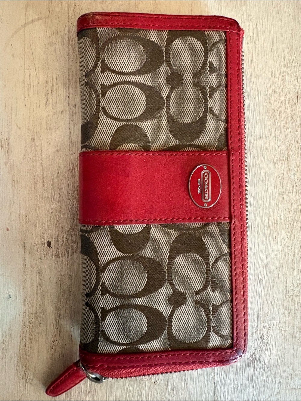 COACH Vintage Tan Canvas Wallet with Red Leather Accent